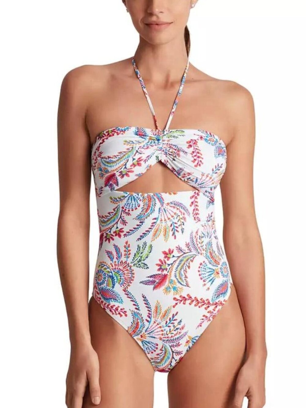 NWT Lauren Ralph Lauren Floral Cut Out Bandeau One Piece Swimsuit 10